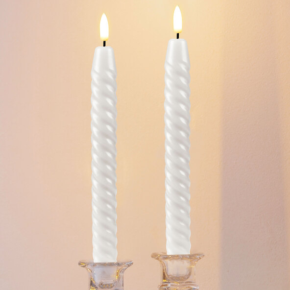 LED-lys av ekte voks, lange, vridde, hvite, 2 x 2-pakning