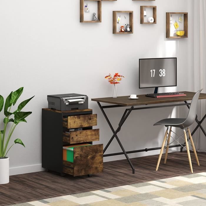 Caisson Mobile de Rangement pour Bureau WOLTU avec 3 Tiroirs - Marron Rustique et Noir
