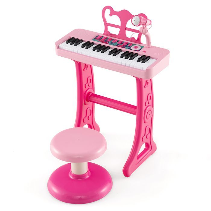 Piano infantil – DREAMADE – Teclado de 37 teclas para niños – Micrófono – Taburete cómodo – Atril extraíble – Rosa
