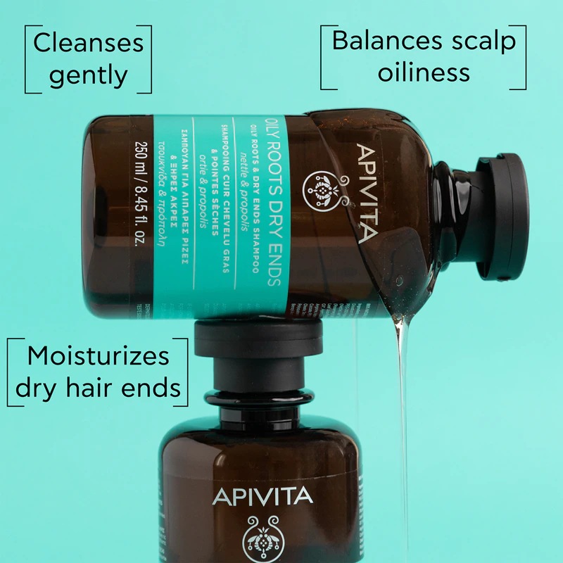 Shampoo Apivita Raízes Oleosas e Pontas Secas para couro cabeludo oleoso e pontas secas.