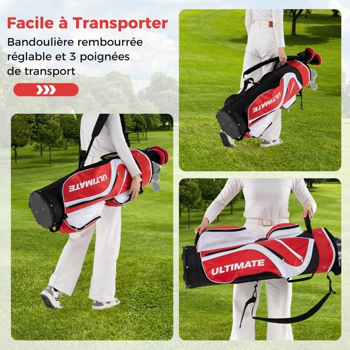 Bolsa de golf trípode para mujer COSTWAY, juego de 9 palos de golf con bolsa de transporte portátil y 3 protectores de cabeza rojos.