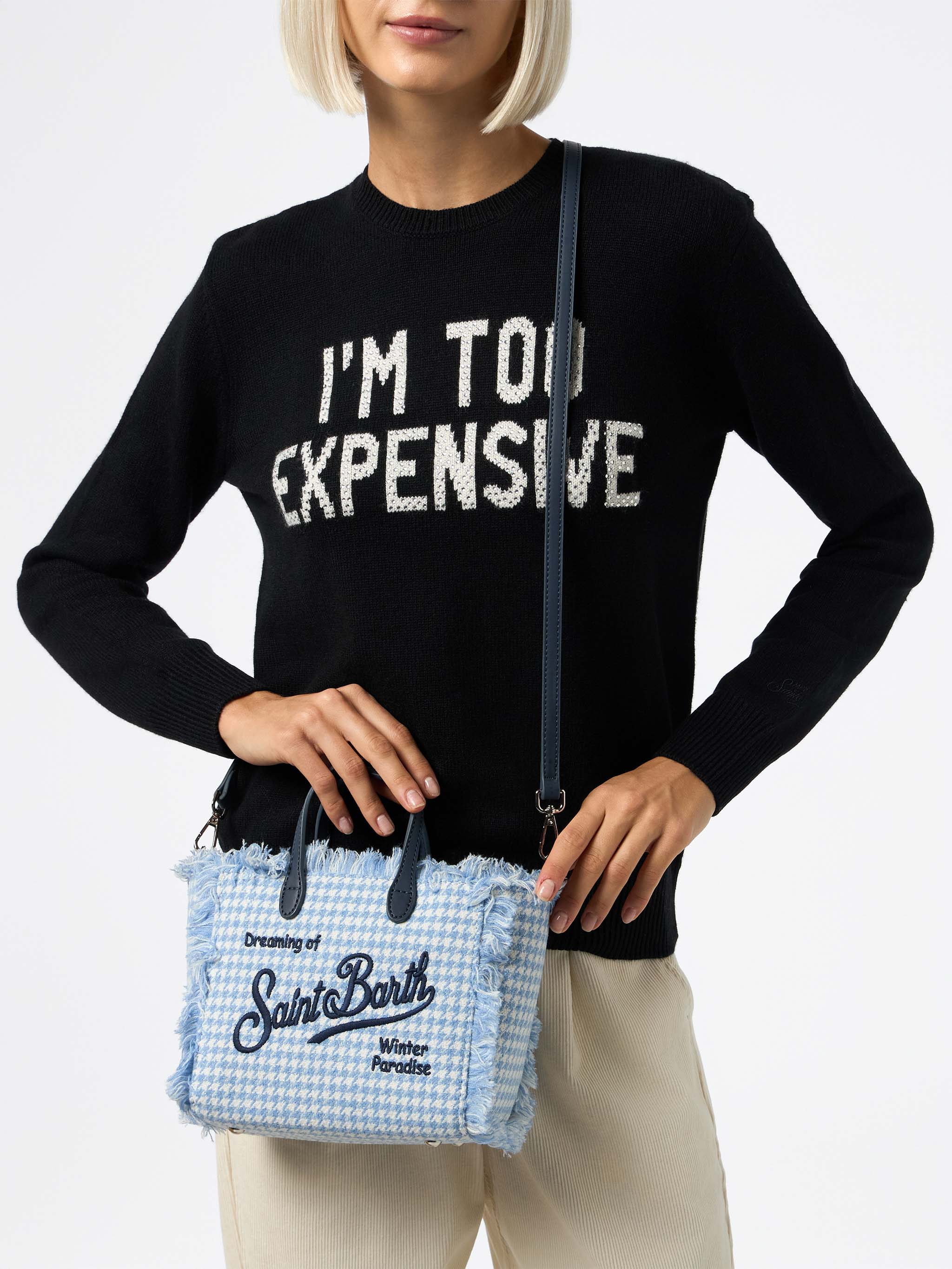 Mini sac à main Vanity Wooly - Bleu clair brillant, motif pied de poule, poche zippée et bandoulière amovible | MC2 Saint Barth