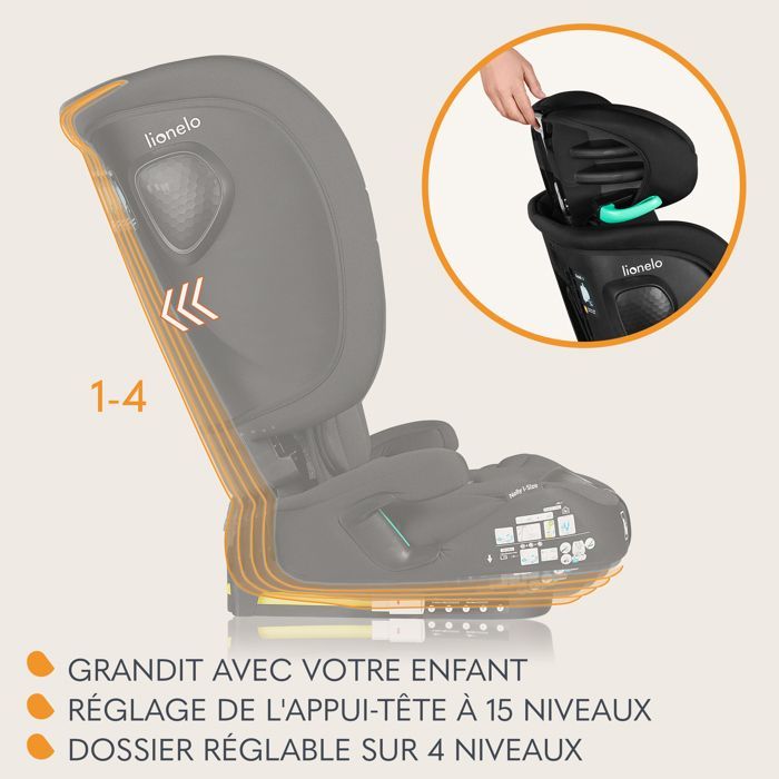 Seggiolino auto LIONELO Nelly i-Size 76-150 cm - ISOFIX - Pieghevole - Portabicchieri - Gruppo 1/2/3 - Nero