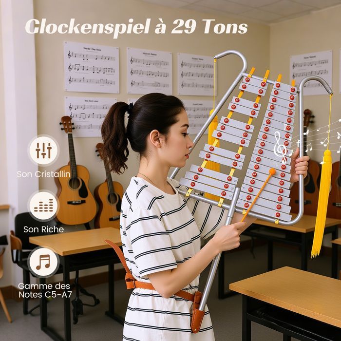 GYMAX 29-Note Marching Glockenspiel Xylophone, Lyre with Bells, Aluminum Keys, Adjustable Leather Strap, for Parades