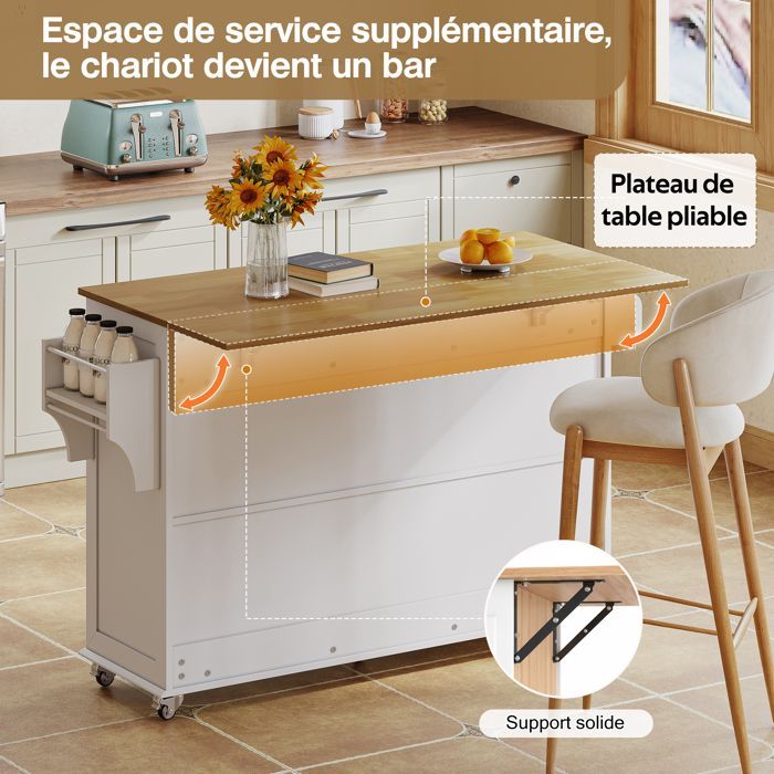 Isla de cocina con 5 ruedas con freno, 4 puertas y 3 cajones. Mesa de comedor con servilletas. Color blanco. Medidas: 140 × 43-70 × 90,5 cm.