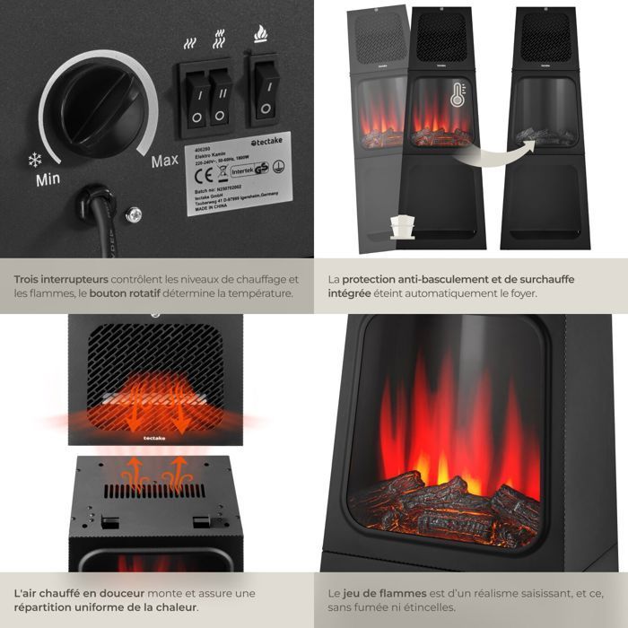Cheminée électrique décorative avec effet de flammes 3D et thermostat