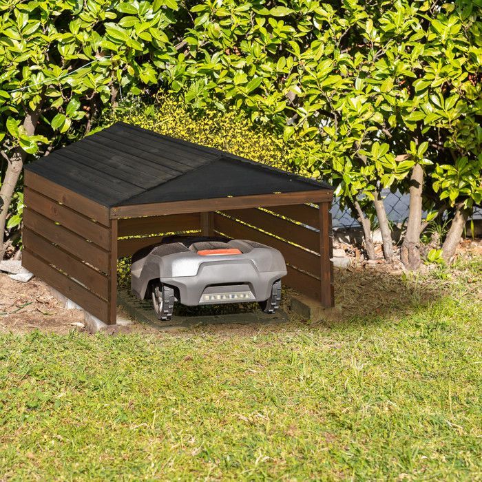 Garage Relaxdays per robot tagliaerba, realizzato in legno di abete, H x L x P: circa 52,5 x 79 x 74 cm, marrone e nero