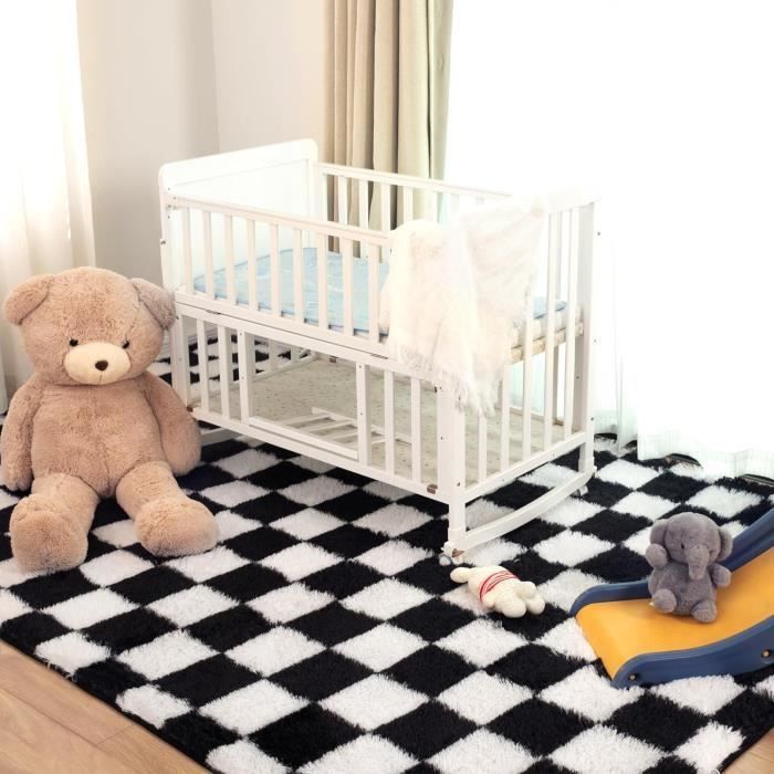 Alfombra de pelo largo y suave para sala de estar, 160 x 230 cm, ideal para mesita de noche, sala de estar, dormitorio o sofá. Color blanco y negro.