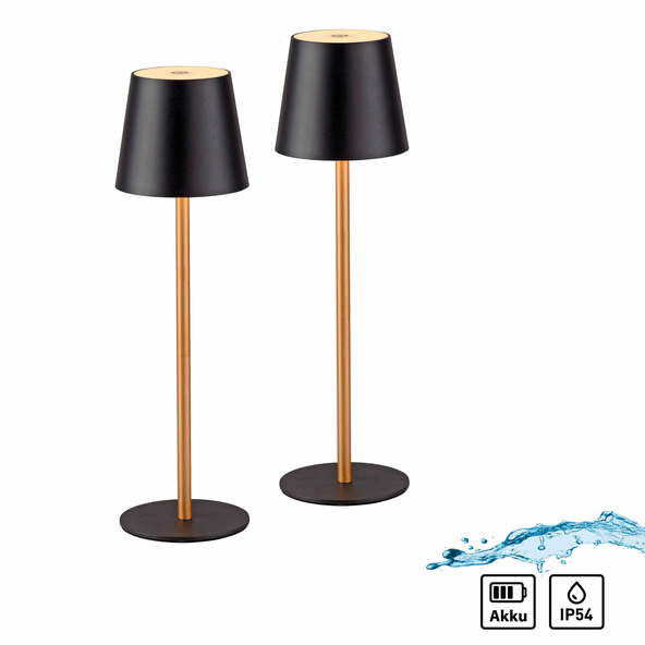 LED-Akku-Tischleuchte Buria, 2er Set, schwarz-messing