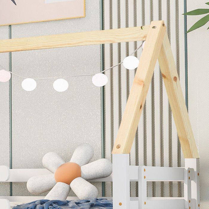 Letto a castello allungabile 90 x 200 cm, letto estraibile per bambini, in legno massello di pino, con rete a doghe inclusa, colore bianco e naturale.