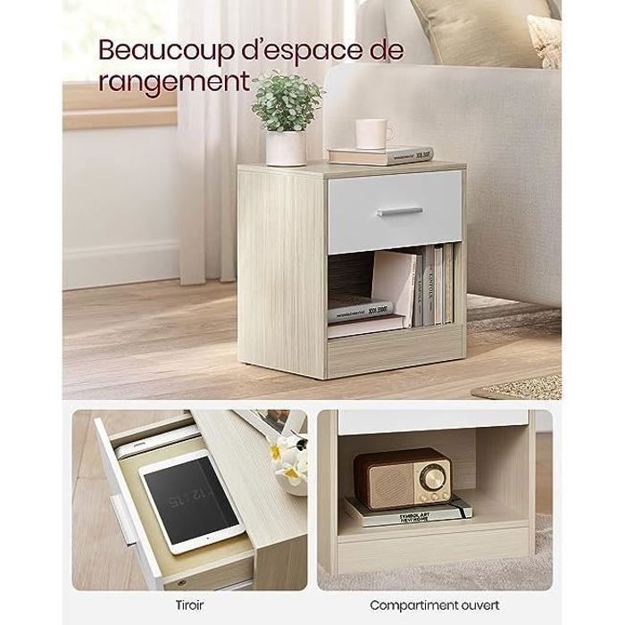 VASAGLE Table de Nuit, Lot de 2, Table d’Appoint, avec Tiroir, Poignée, Compartiment Ouvert, Table Basse, Beige Naturel et Blanc
