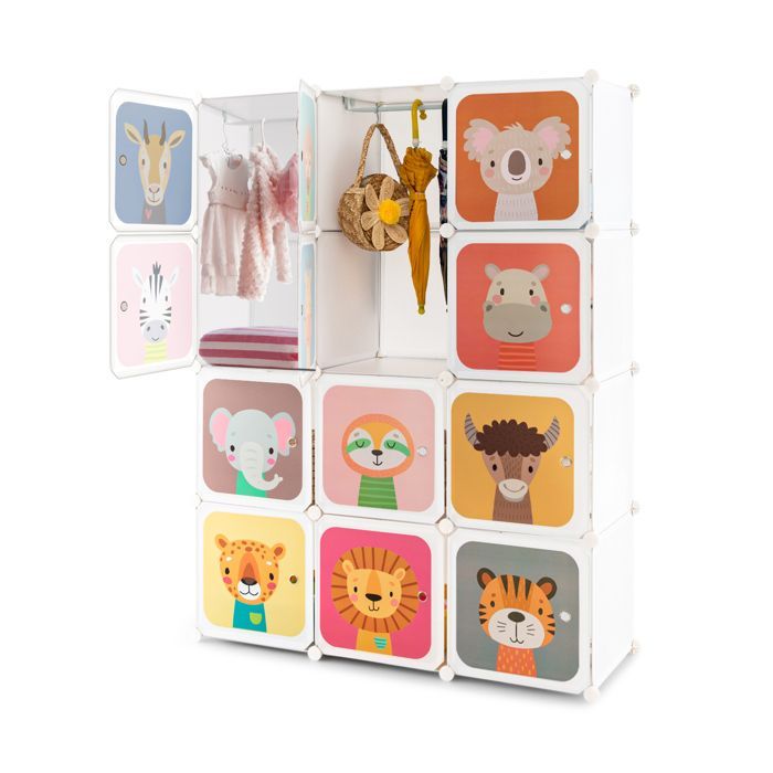 Armario infantil GOPLUS, estantería modular con 12 cubos, puertas, 2 barras para colgar ropa, para
