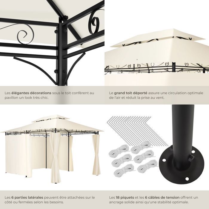 Pavillon de jardin - TECTAKE - Tonnelle EMINE avec 6 parois latérales en tissu déperlant 4 x 3 m - Crème