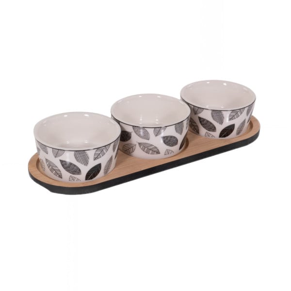 Zestaw do serwowania: taca i 3 porcelanowe naczynia
