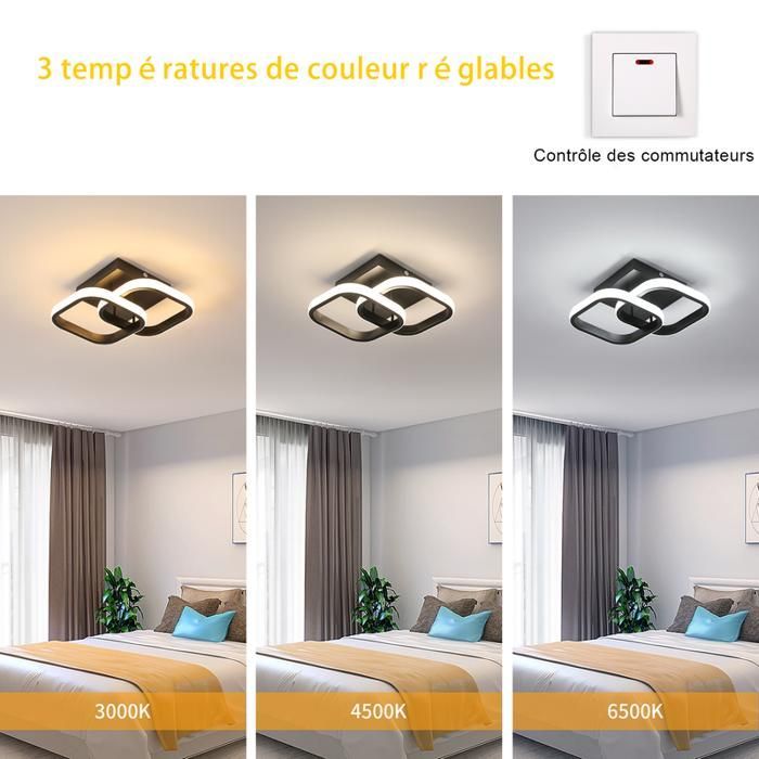 DORLINK Moderne 18W Vierkante LED Plafondlamp - Minimalistisch Zwart Design - Driekleurig Licht 3000K/4000K/6500K - Voor Woonkamer/Slaapkamer