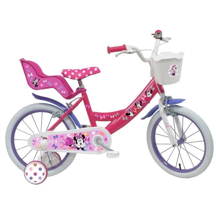 Vélo enfant Fille 16'' Minnie / Disney (taille enfant 100cm à 120cm) équipé de 2 freins, porte poupée, panier avant + Casque