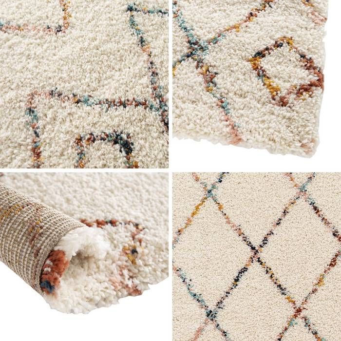 Alfombra de interior de pelo largo, 200 x 290 cm. Estilo bereber. Color crema y multicolor.
