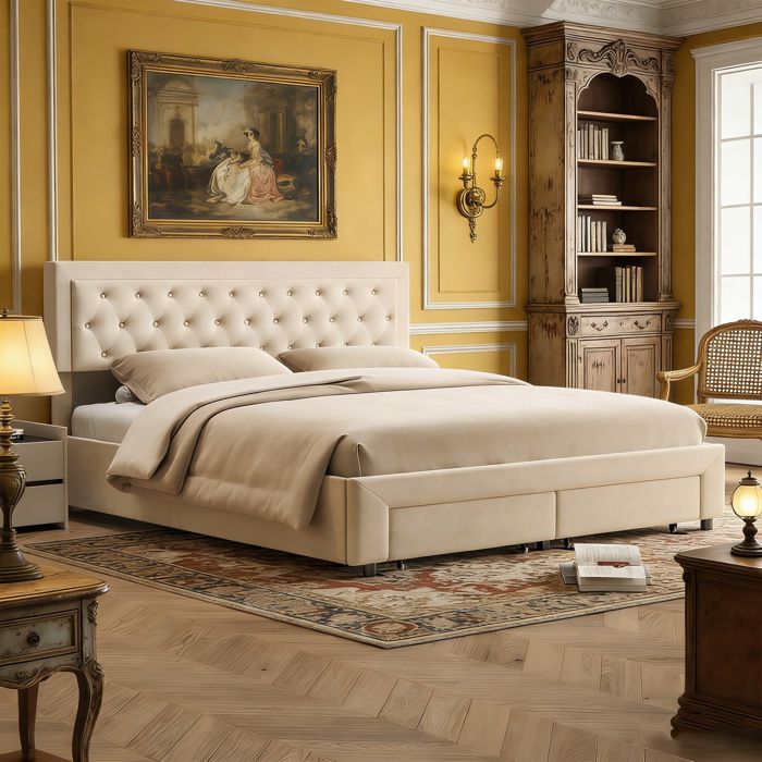 Cama de adulto de 180x200 cm con almacenamiento y somier de láminas, cama de 180x200 cm con 2 cajones, cama doble, tela de terciopelo, beige