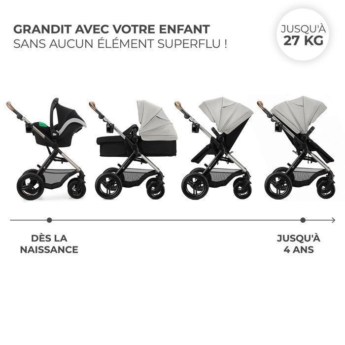 Sistema di viaggio Kinderkraft MOOV2 XL 3 in 1, con seggiolino auto i-Size, navicella XL grande, sistema di viaggio, grigio