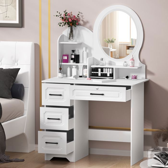 Dressing table with LED mirror - Modern - 4 drawers, 6 compartments - 80x40x137cm - White
