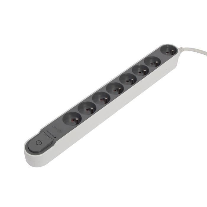 Regleta CHACON con protección contra sobretensiones, interruptor, 8 tomas, 16 A, 1,5 m, gris.