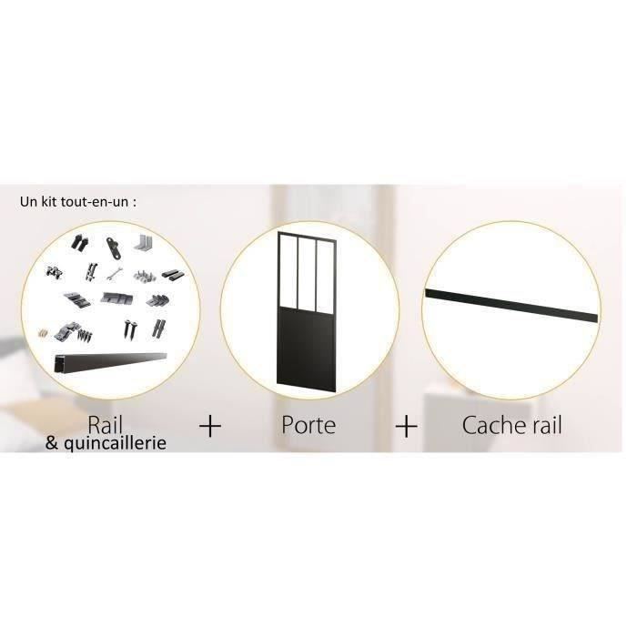 OPTIMUM - Kit para porta de correr + trilho + painel frontal - A 204 x L 93 x P 4 cm - Preto com vidro transparente