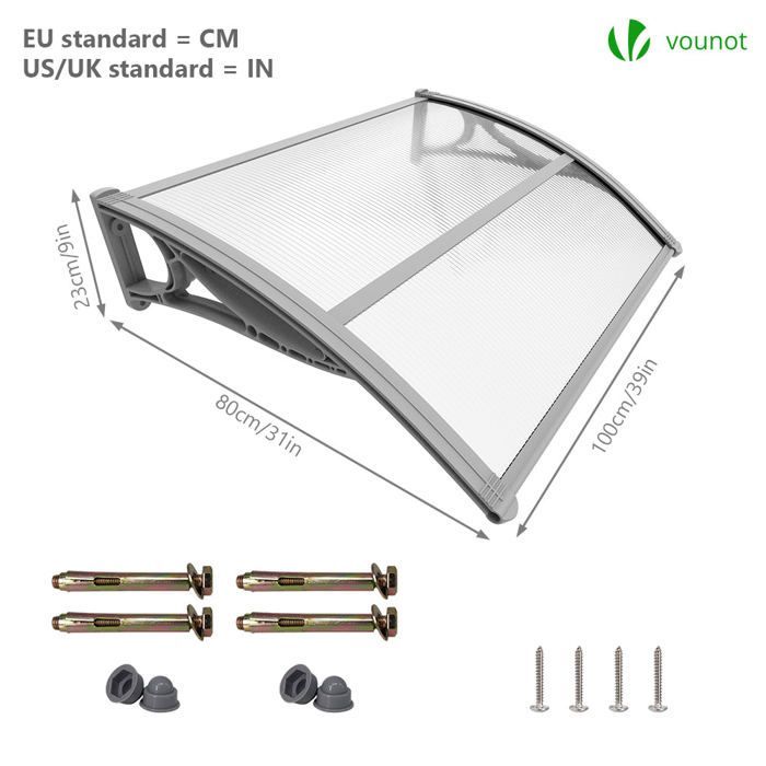 Marquesina para puerta de entrada VOUNOT® de 100x80 cm con soporte central - Policarbonato transparente - Resistente a los rayos UV - Gris
