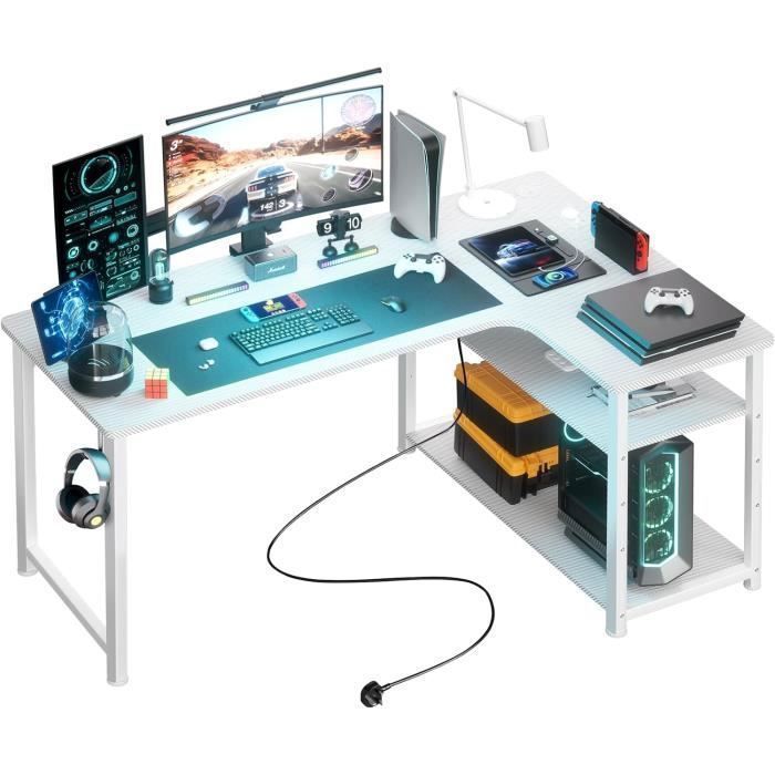 Bureau Gaming en Forme de L Blanc - Étagères Rangement - Port de Charge USB - Prise de Courant