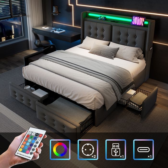 Lit adulte 180x200cm en tissu lin - avec LED et Ports de recharge - 4 tiroirs - avec sommier à lattes - Gris