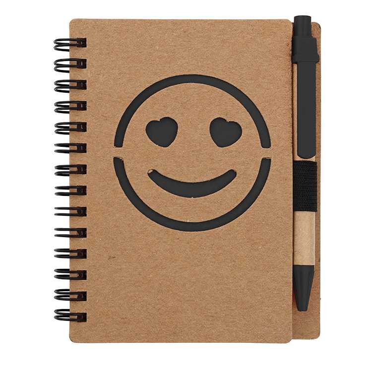 Quaderno e penna personalizzati con faccina sorridente e logo personalizzato, blocchetto di post-it piccolo e di alta qualità.