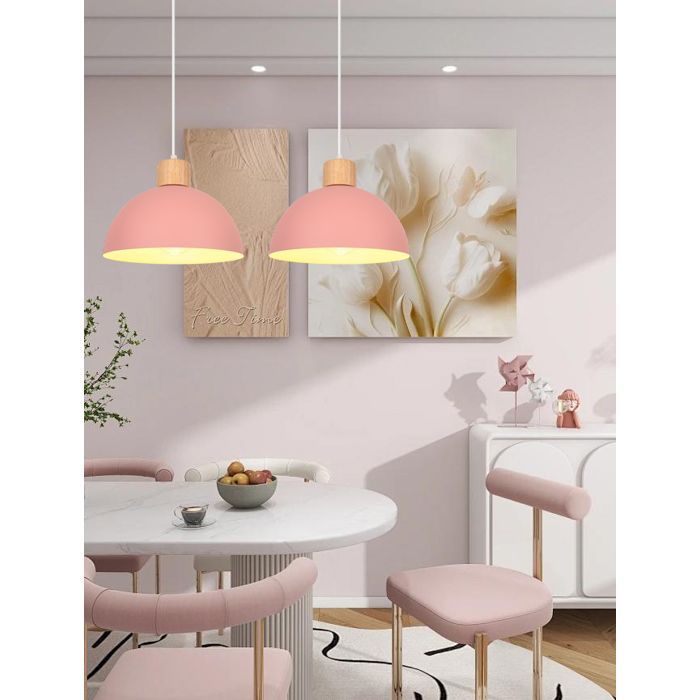 iDEGU Industriel Suspension Luminaire Moderne Lampe de Plafond en Bois Métal Design Demi - cercle Luminaire Rétro,Rose,Ø 25CM