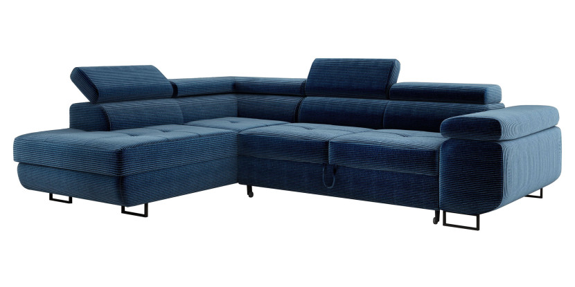 Wygodna sofa narożna z zagłówkami MONTANA niebieski sztruks lewa