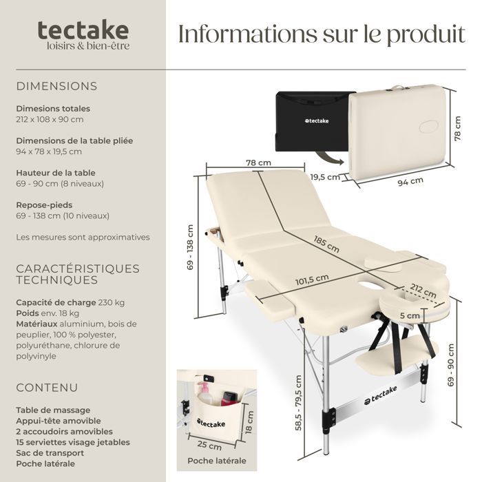 Camilla de masaje - TECTAKE - Camilla de tratamiento plegable con 3 secciones regulables en altura, 212 x 108 x 90 cm - Beige