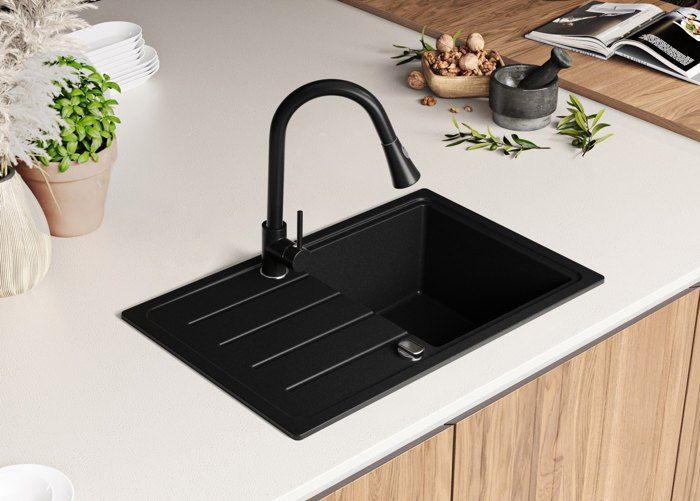Primagran Copenhagen Easy 70x44cm granieten keukenwastafel, enkele kom + afvoerset + kraan 5010 zwart