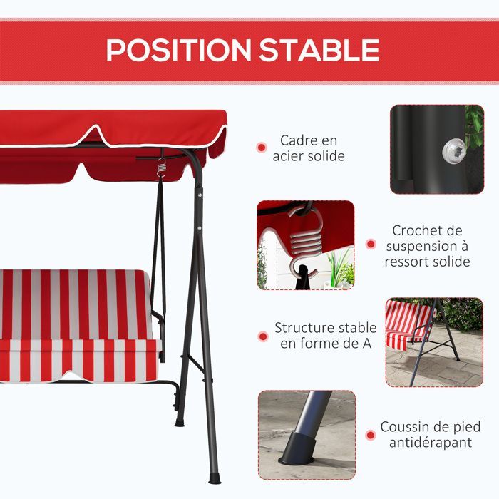 Columpio de jardín - Outsunny - 172x110x153cm - Acero - rojo