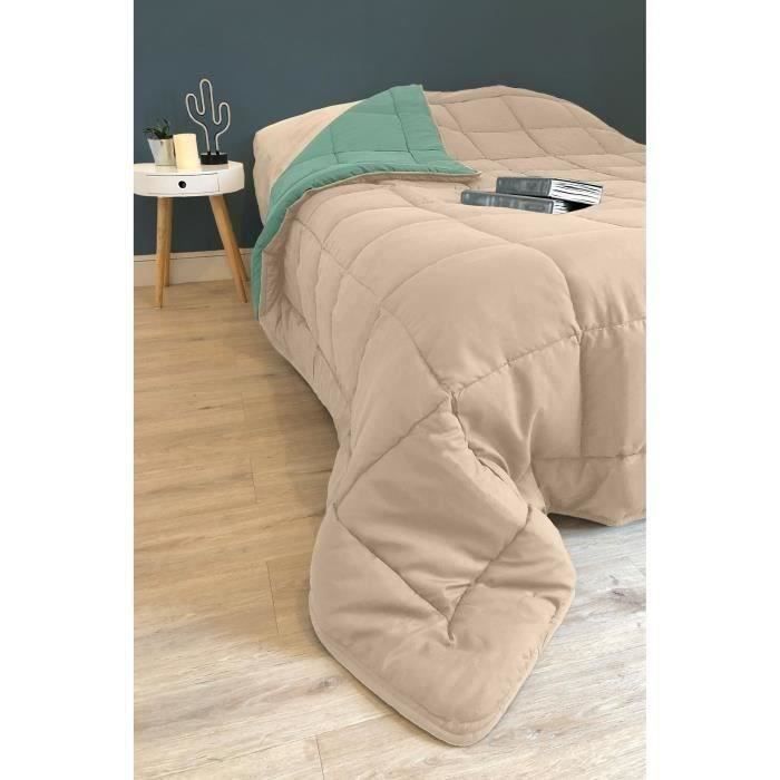 CALGARY - Couette Chaude Microfibre 400gr/m² - Gris Galet & Vert Lac - 140 x 200 cm