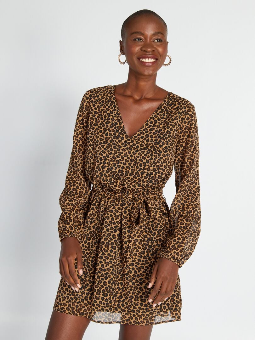 Vestido estampado con cinturón de lazo - Beige