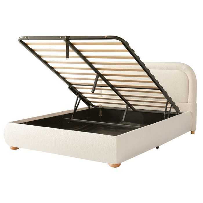 Cama tapizada con almacenamiento de 140x190 cm - MODERNLUXE - Almacenamiento bajo la cama - Cabecero tapizado - Base de láminas - Beige