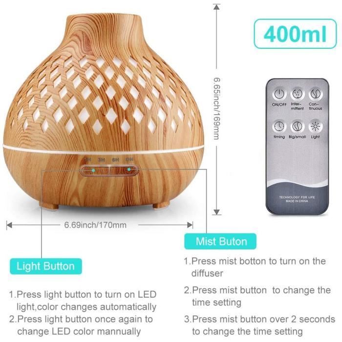Diffuseur d'Huiles Essentielles, 400ml Humidificateur Ultrasonique avec 7 Couleurs Lumières LED pour la Maison, Yoga, Bureau, SPA