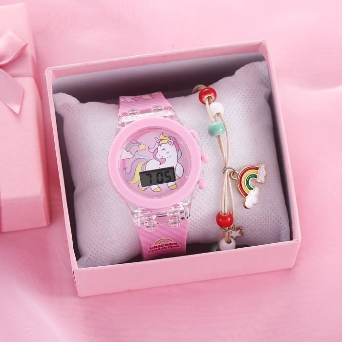 Conjunto de reloj SHARPHY para niñas + pulsera arcoíris – Unicornio digital con luz LED y correa de silicona rosa.