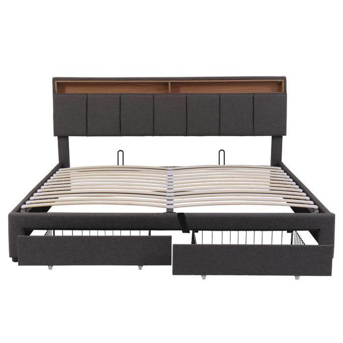 Letto contenitore 160 x 200 cm, letto 160x200 con rete a doghe, letto per adulti con 2 cassetti e illuminazione a LED, struttura letto con testiera, grigio, lino
