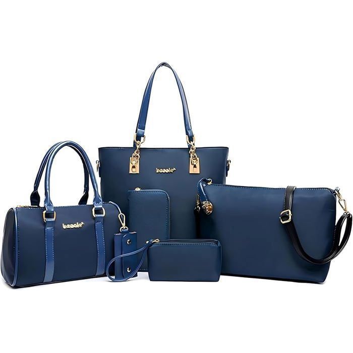 Women's Fashion 6-Piece Bag Set: PU Leather Handbag + Tote Bag + Shoulder Bag + Wallet + Card Holder (Blue)