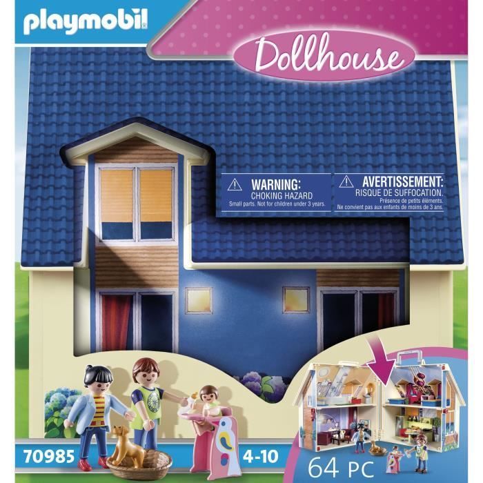 PLAYMOBIL 70985 Maison Transportable Bleue, 3 personnages, Accessoires inclus, 70985, Dollhouse, La maison traditionnelle
