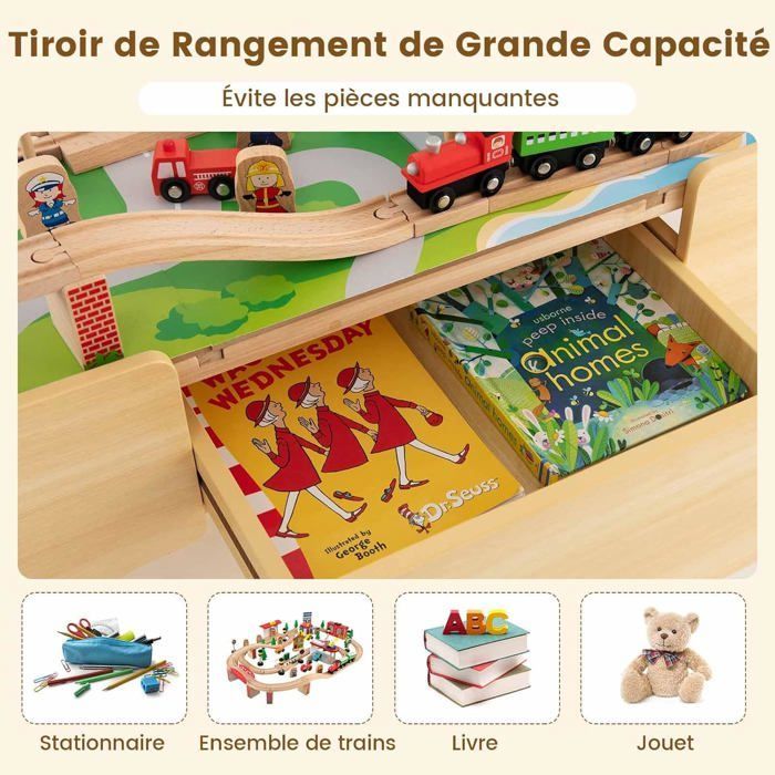 COSTWAY Circuit Voiture Enfant - 84 Accessoires avec Table, Plateau Réversible 2 en 1, Tiroir Coulissant, Train en Bois pour 3 Ans+