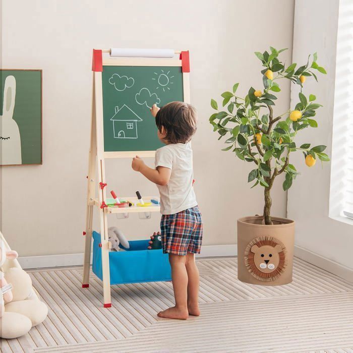 COSTWAY 3-in-1 Kinderschildersezel - 60 accessoires - Dubbelzijdige schildersezel (magnetisch en krijtbord) - Papierrol
