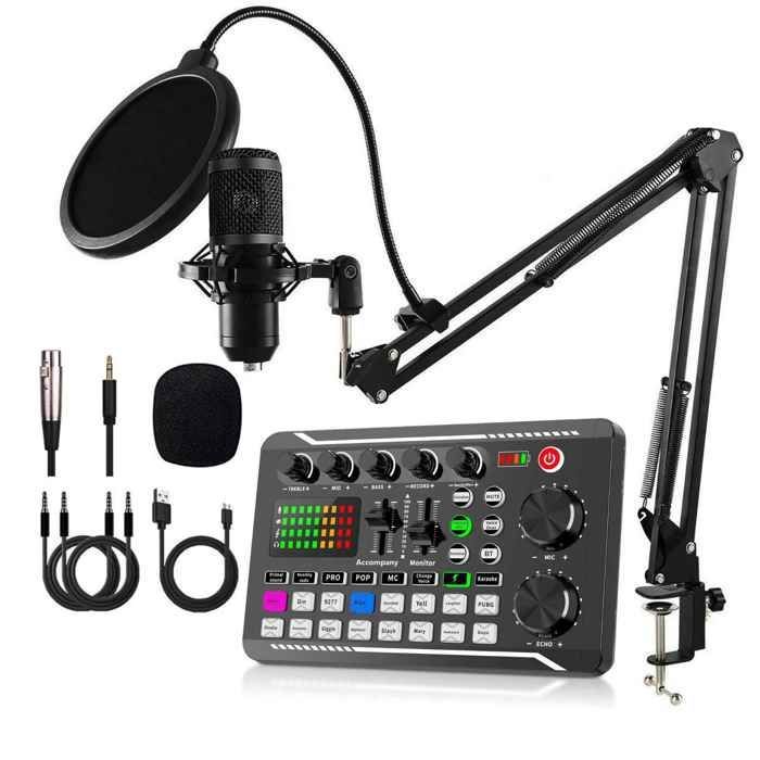 Kondensatormikrofon-Set mit Arm und Soundkarte – Ideal für Podcasting, Streaming, Gaming, F998+ Schwarz