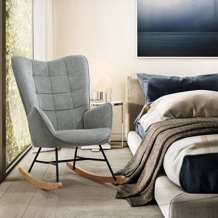 MUEBLES COSITIVOS Mecedora de lactancia escandinava con reposabrazos de tela gris con pespuntes - FUNKEL