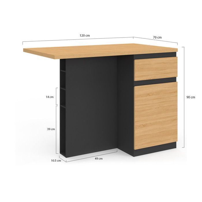 IDMARKET TINO 120cm Central Island with Bottle Rack, 4 Person Capacity, Black Wood with Beech-Effect Worktop