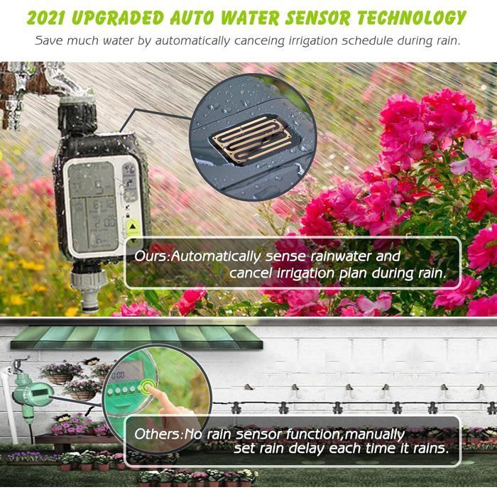 Temporizador de riego automático - PZCC - Temporizador resistente al agua - Sensor de lluvia - 3 programas - Negro