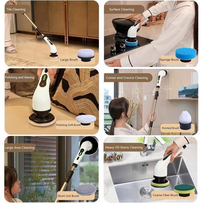 Brosse Nettoyage Electrique,Imperméable Brosse de Nettoyage Rotative,Têtes de Brosse Polyvalentes,pour Voiture,Carrelage,Mur